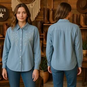 Vintage Beaded Embellished Button Front Cottage Western Cotton Chambray Top Med